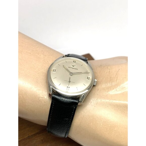 Wittnauer Mens Watch Vintage Swiss Hand Wind Silver Dial 33mm Black Leather Band - Picture 7 of 16